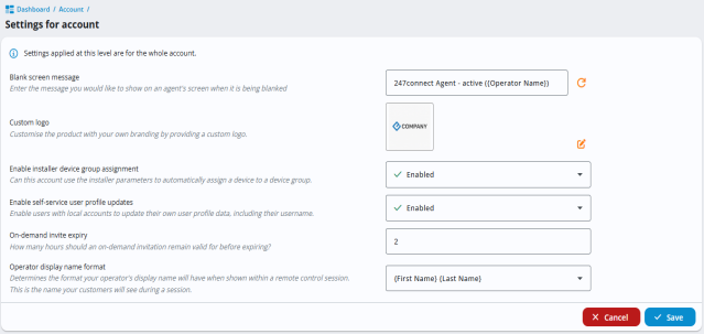 Account settings page showing options: blank screen message, custom logo upload, installer device group assignment (disabled), self-service user profile updates (enabled), on-demand invite expiry (2 hours), operator display name format (custom) and operator display name set to 'Supported by 247connect'. Cancel and Save buttons at the bottom.